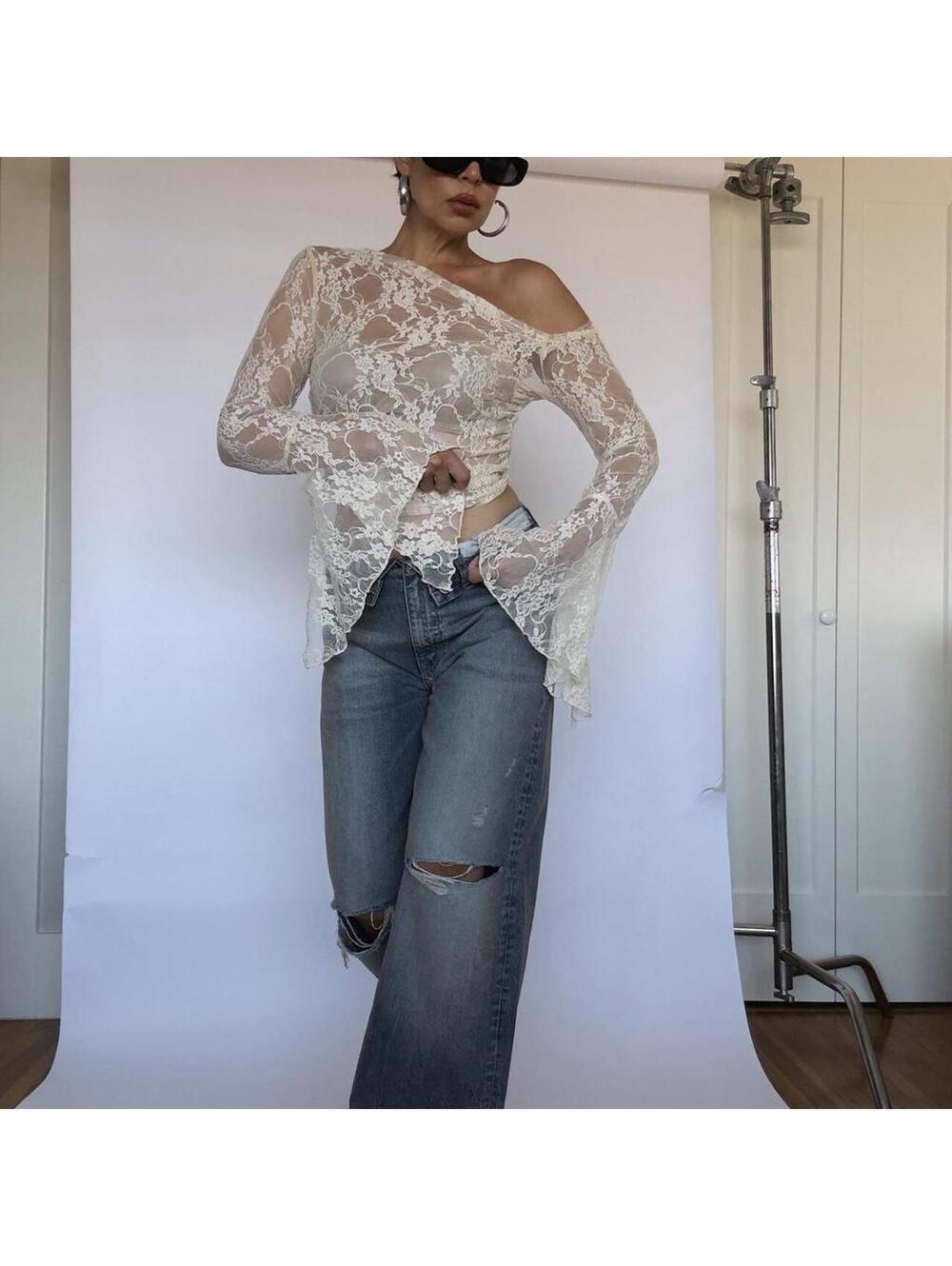 Y2K cream lace off the shoulder top